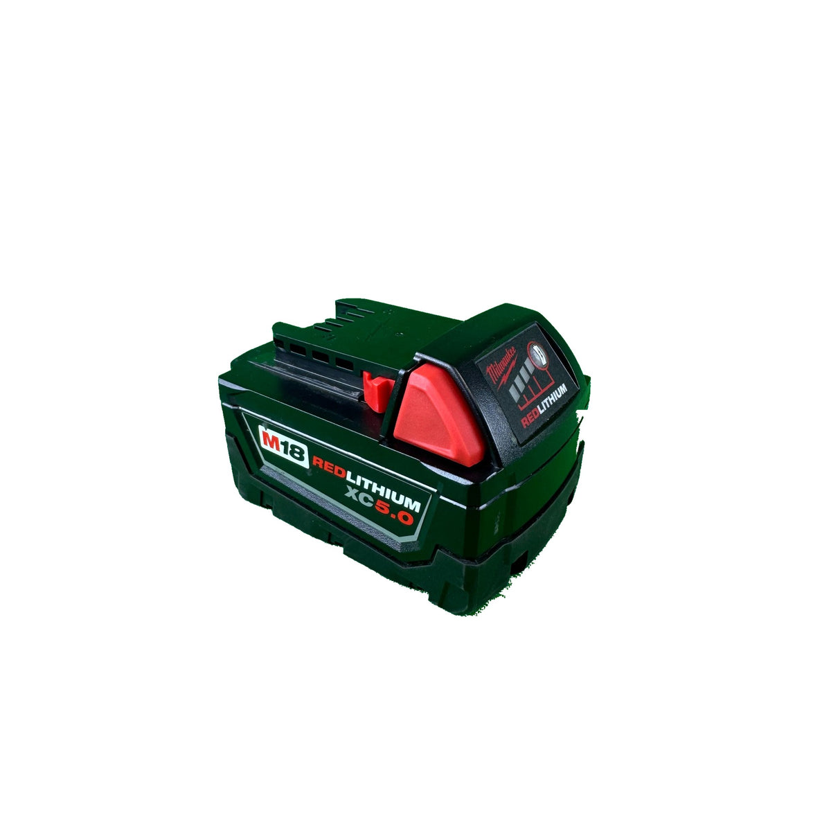 Milwaukee M18 XC5.0 5Ah battery pack, angled view